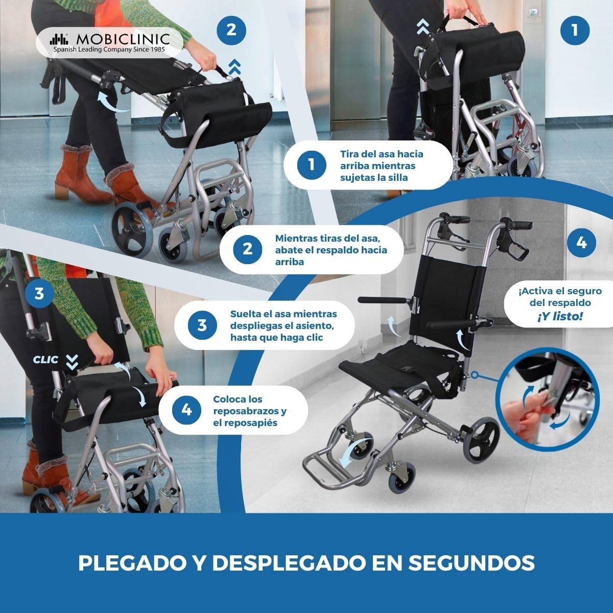 Mobiclinic, Silla de ruedas de tránsito, Neptuno, Aluminio, Plegable, Freno en manetas, Marca Española, Reposapiés plegables, a, Cinturón seguridad, Ergonómica, 93x 49.1x 96 cm