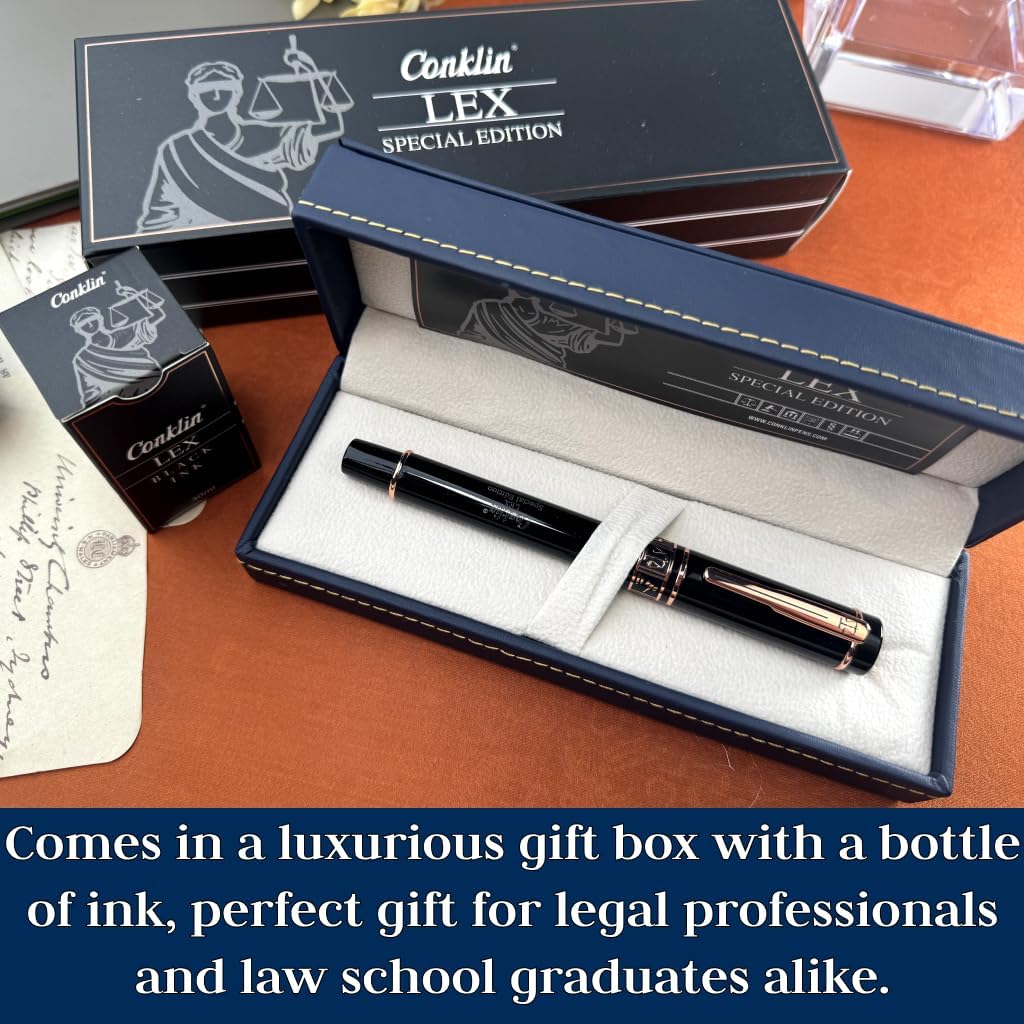 Conklin LEX Fountain Pen in Black – Broad Nib, Luxury Writing Instrument with 18K Rose Gold-Plated Trim – Ideal Gift for Lawyers, Judges & Legal Professionals