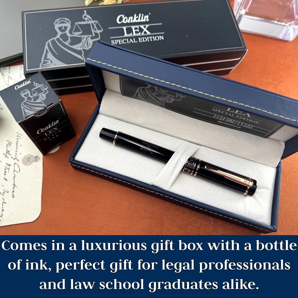 Conklin LEX - Penna stilografica nera con pennino a stub, strumento di scrittura di lusso con finiture placcate in oro rosa 18 K, ottimo regalo per avvocati, giudici e professionisti legali