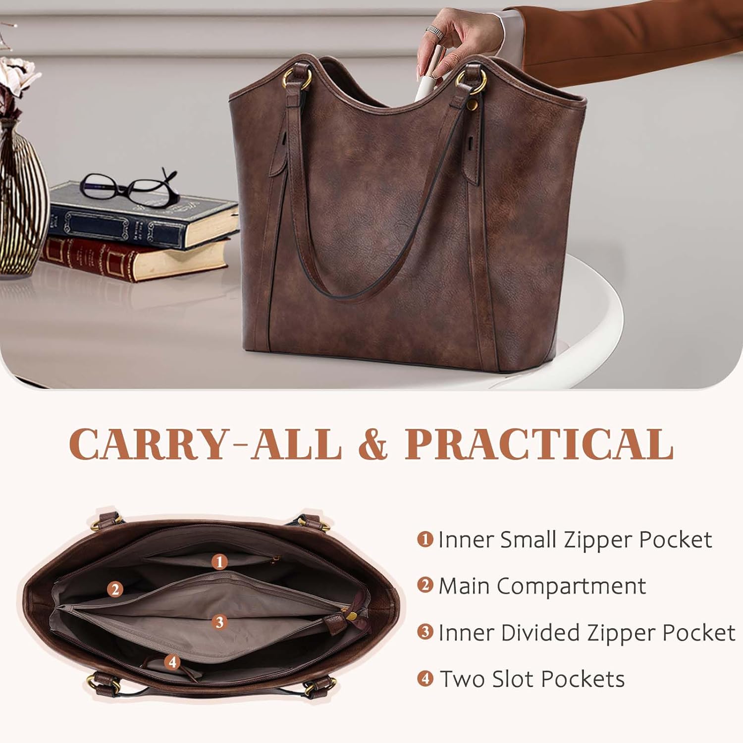 VASCHY Tote Bag Purse for Women, Fashion Large Vegan Leather Top Handle Satchel Shoulder Bag Handbag with Zipper for Work | Purse, Fashion, Large, Vegan Leather, Top Handle, with Zipper, for Work