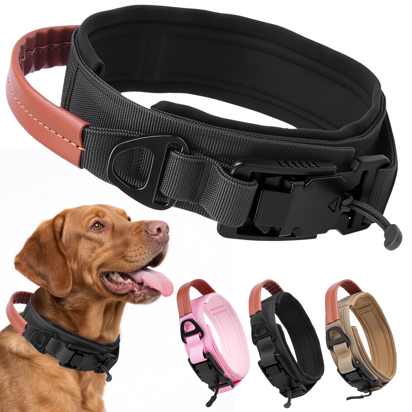 AKOFIC Collar Táctico Perro con Mango de Cuero y Hebilla Metálica Magnética Mejorada, Ajustable Collar Perro de Nailon Acolchado para Perros Medianos y Grandes Entrenamiento (Negro, XL)