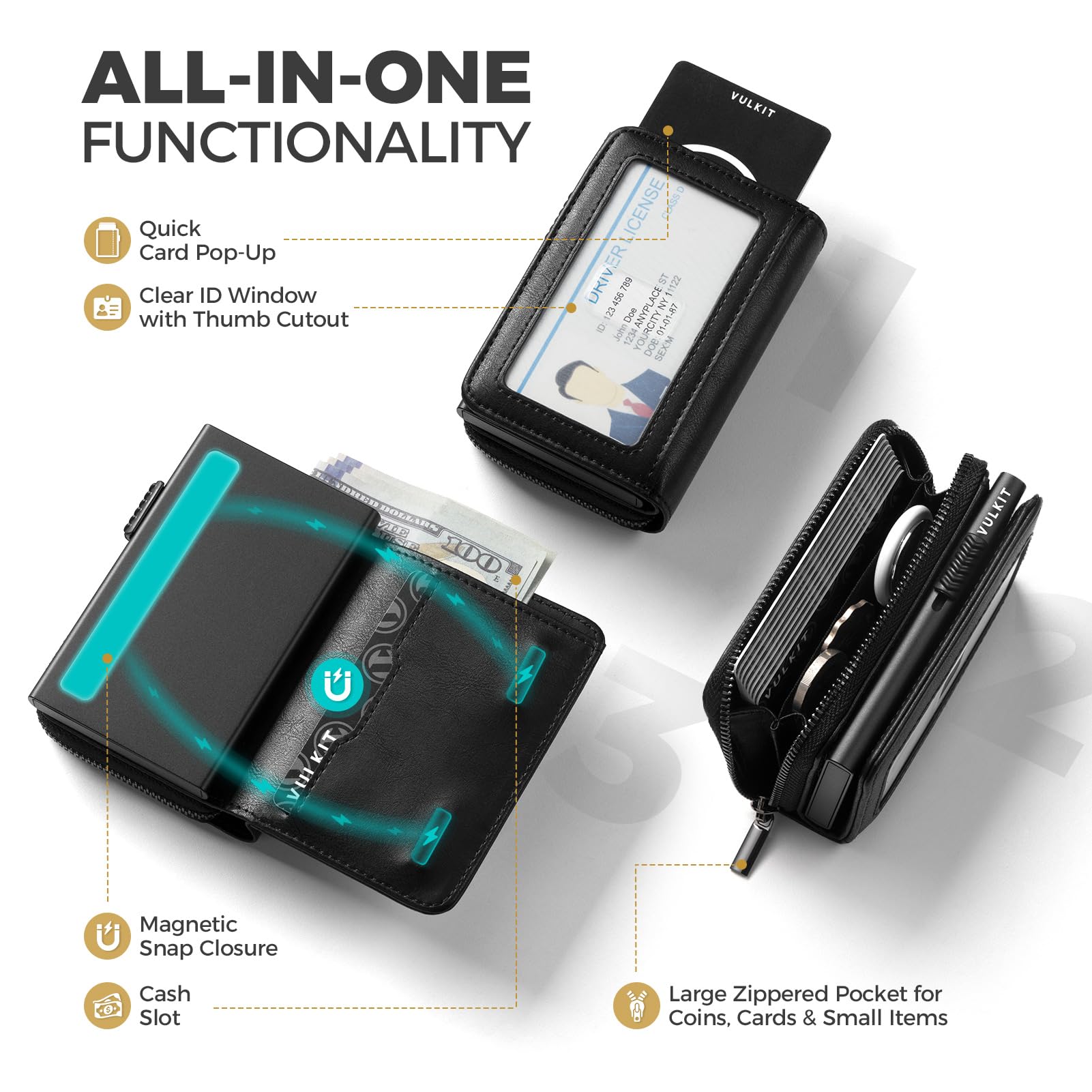 VULKIT Portafoglio da uomo con porta carte di grande capacità, blocco RFID, in metallo, può contenere oltre 15 carte, slot per banconote, finestra d'identità, tasca portamonete con cerniera, Nero