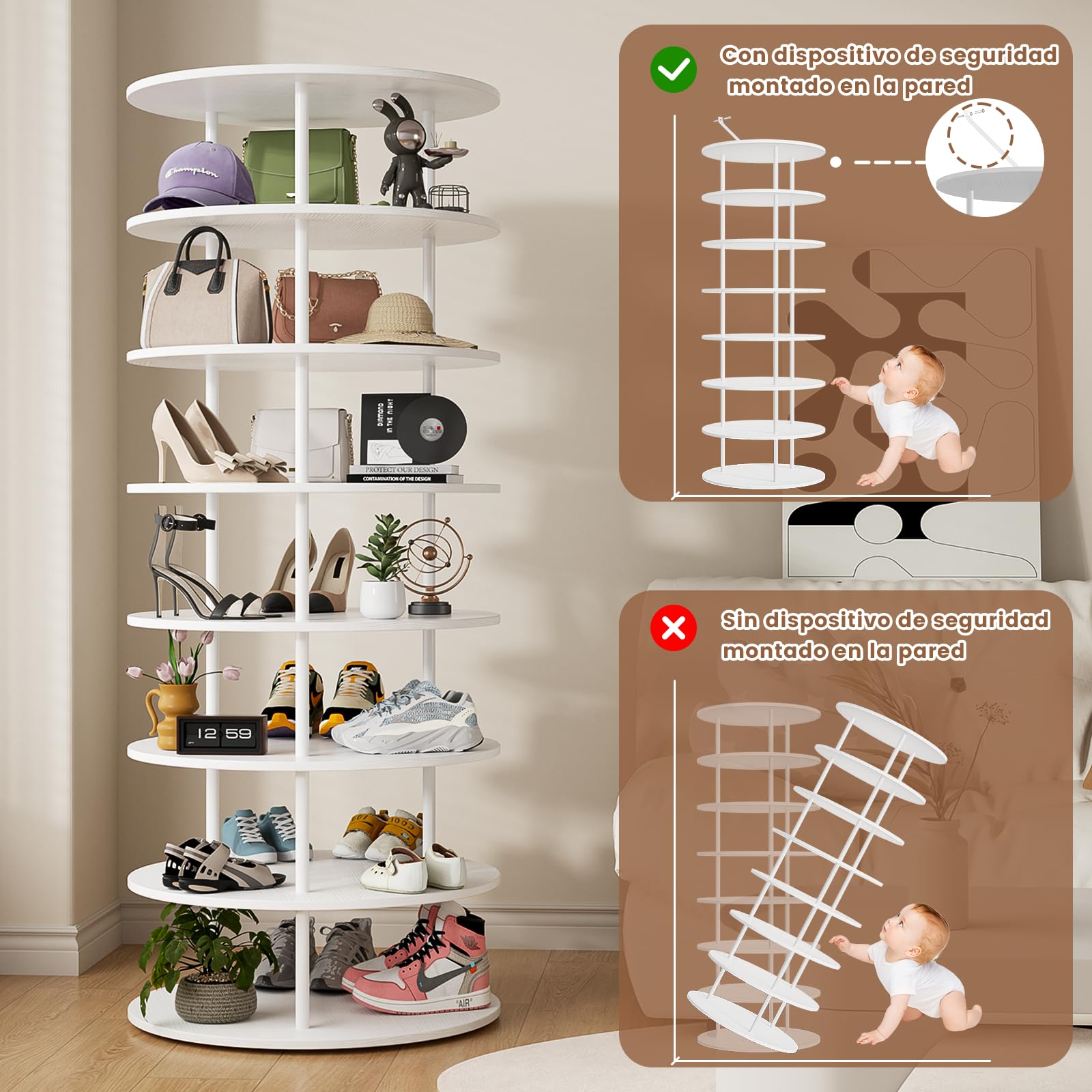 Scarpiere Rotante a 360°, Scaffale Scarpe a 7 Livelli per Mostrare Scarpe e Borse, Risparmio di Spazio, Ideale per Soggiorno e Camera da Letto, Portaoggetti, Bianco