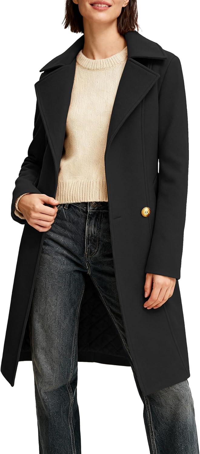 OTU Vibe Women's Long Notch Lapel Coat, Double-Breasted Peacoat, Casual Classic Fall Winter Overcoat - Image 2