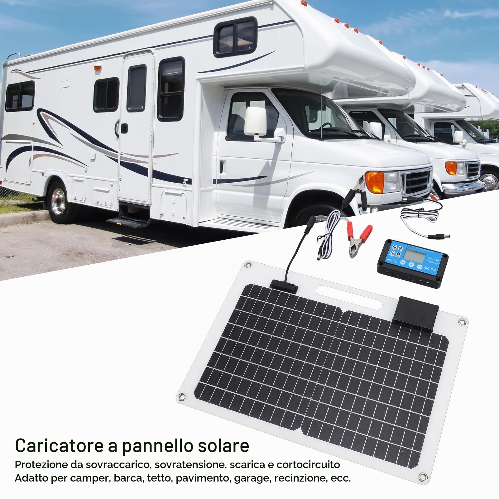 Focket Kit Pannello Solare con Regolatore di Carica Solare Dual USB 100A 12V 24V con Display del Livello di Potenza, Caricabatterie a Pannello Solare per Rimorchio Barca Marina,