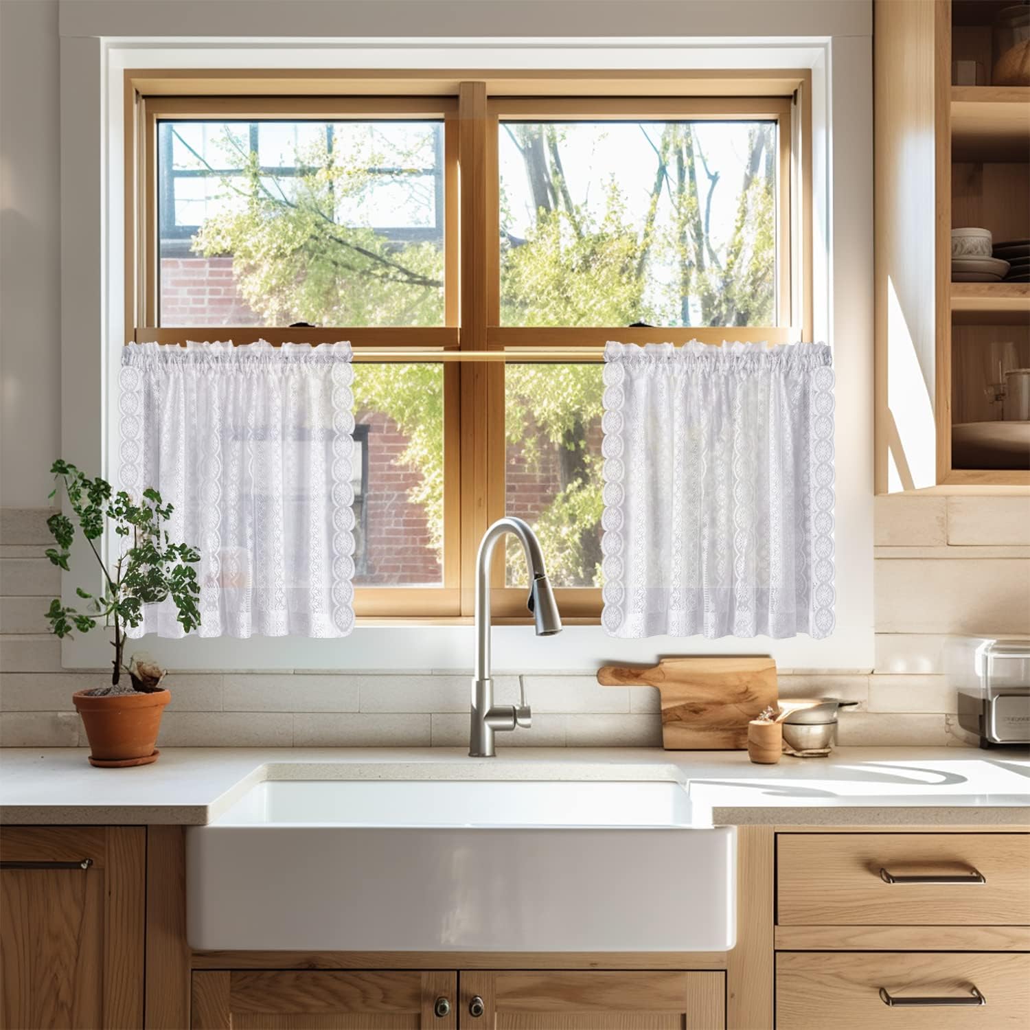 WestWeir Lace Kitchen Curtains 36 Inch Length Cafe Curtains with Crochet Design