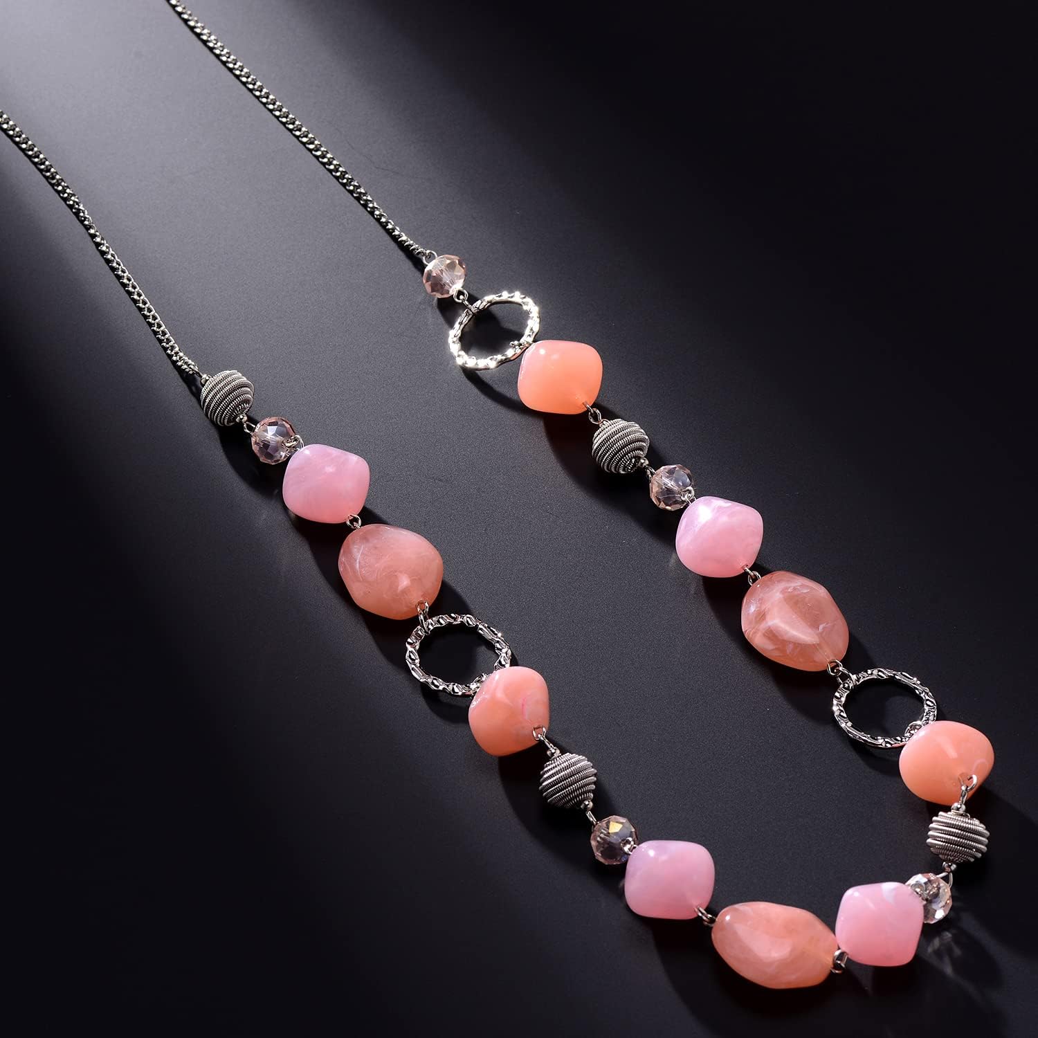 BULINLIN Beaded Long Silver Necklaces for Women Handmade Statement Sweater Chain Necklace with Crystal Beads for Fashion Jewelry gifts(N19053-Dark light pink) - Image 5