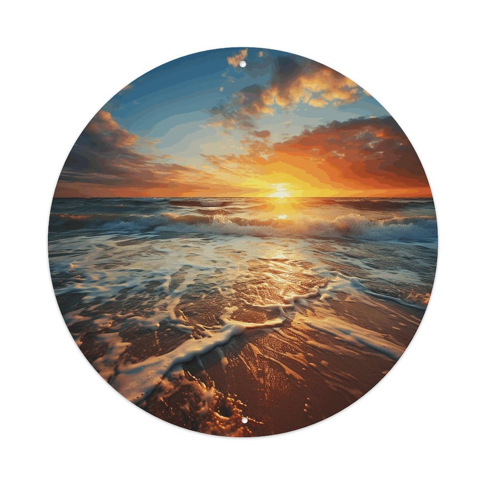 LZQPOEAS Ocean Sunrise Round Aluminum Wall Art Sign, Metal Indoor Wall Decor with Holes, Durable Circular Aluminum Plaque for Home, Bar, Cafe, Living Room, And Office Decoration
