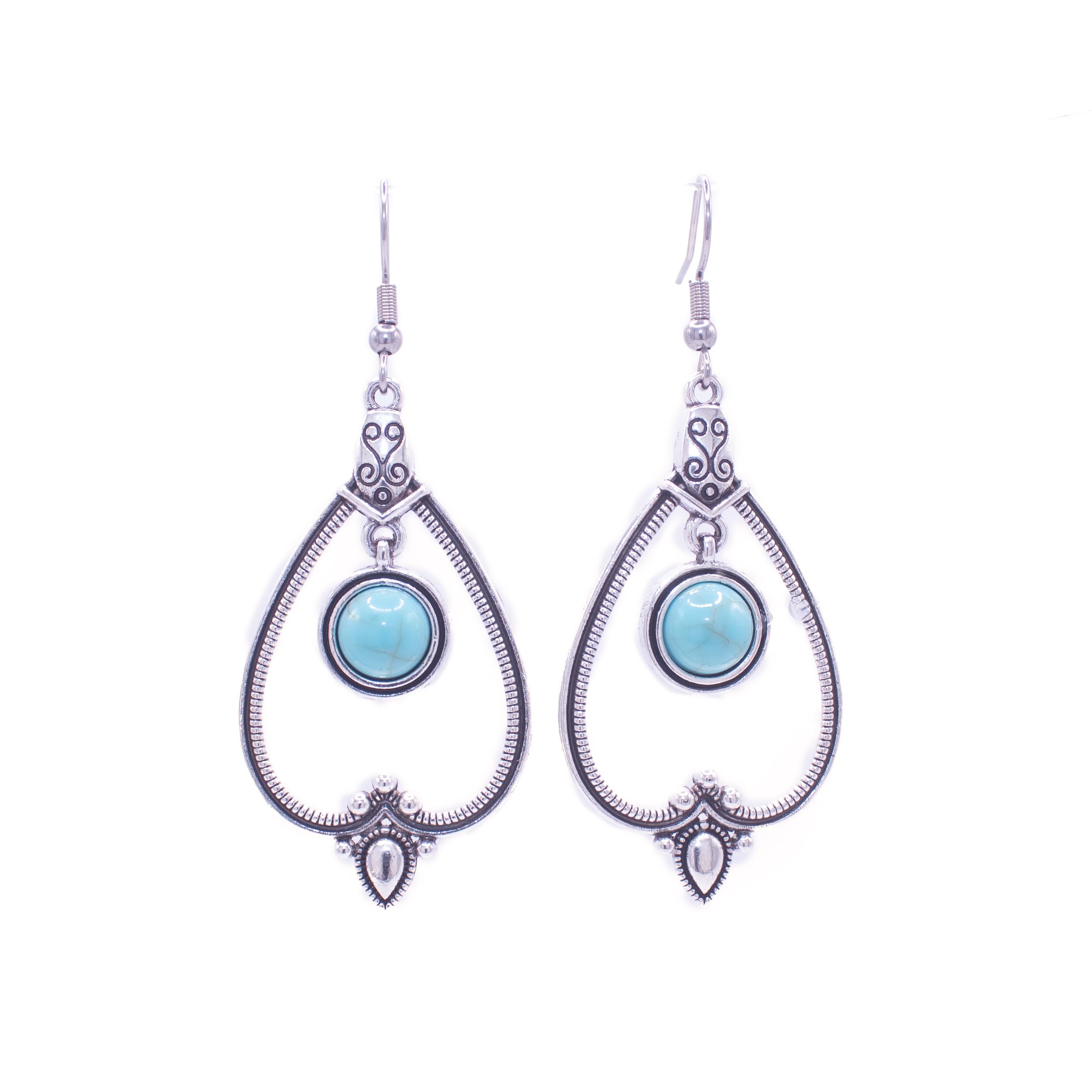 ZARZAMORA Pendientes Mujer Bohemios con Piedra Turquesa - Colgante Estilo Vintage Largos Forma de Gota en Plata tibetana acabado antiguo y gancho de acero inoxidable - Regalo Original