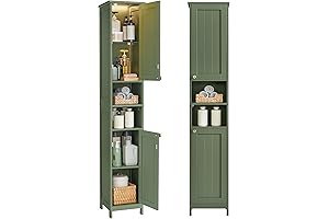 VASAGLE Space-Saving Bathroom Storage Cabinet with Adjustable Shelves and Built-In Lighting