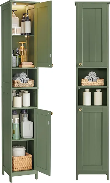 VASAGLE Tall Bathroom Cabinet with Lights, Slim Freestanding Bathroom Storage Cabinet with Adjustable Shelves, for Small Spaces, Modern, 11.8 Inches Wide, Forest Green UBBC566C01