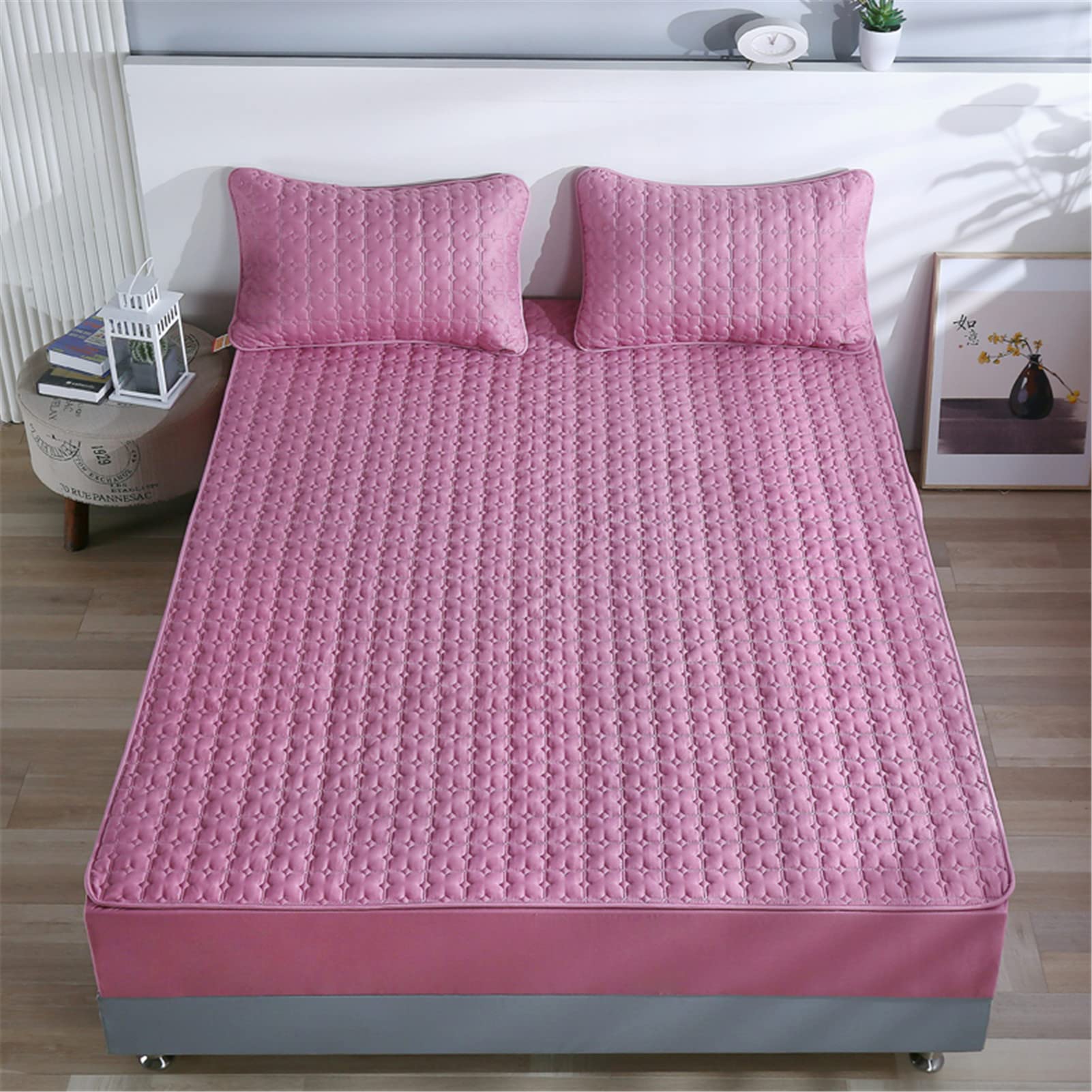 Protector Colchón, Protector de colchón Acolchado con Triple Relleno, Funda Colchon de Rizo Transpirable y Hipoalergénico, Antiácaros (Rosa Roja,Grueso 200x220cm)