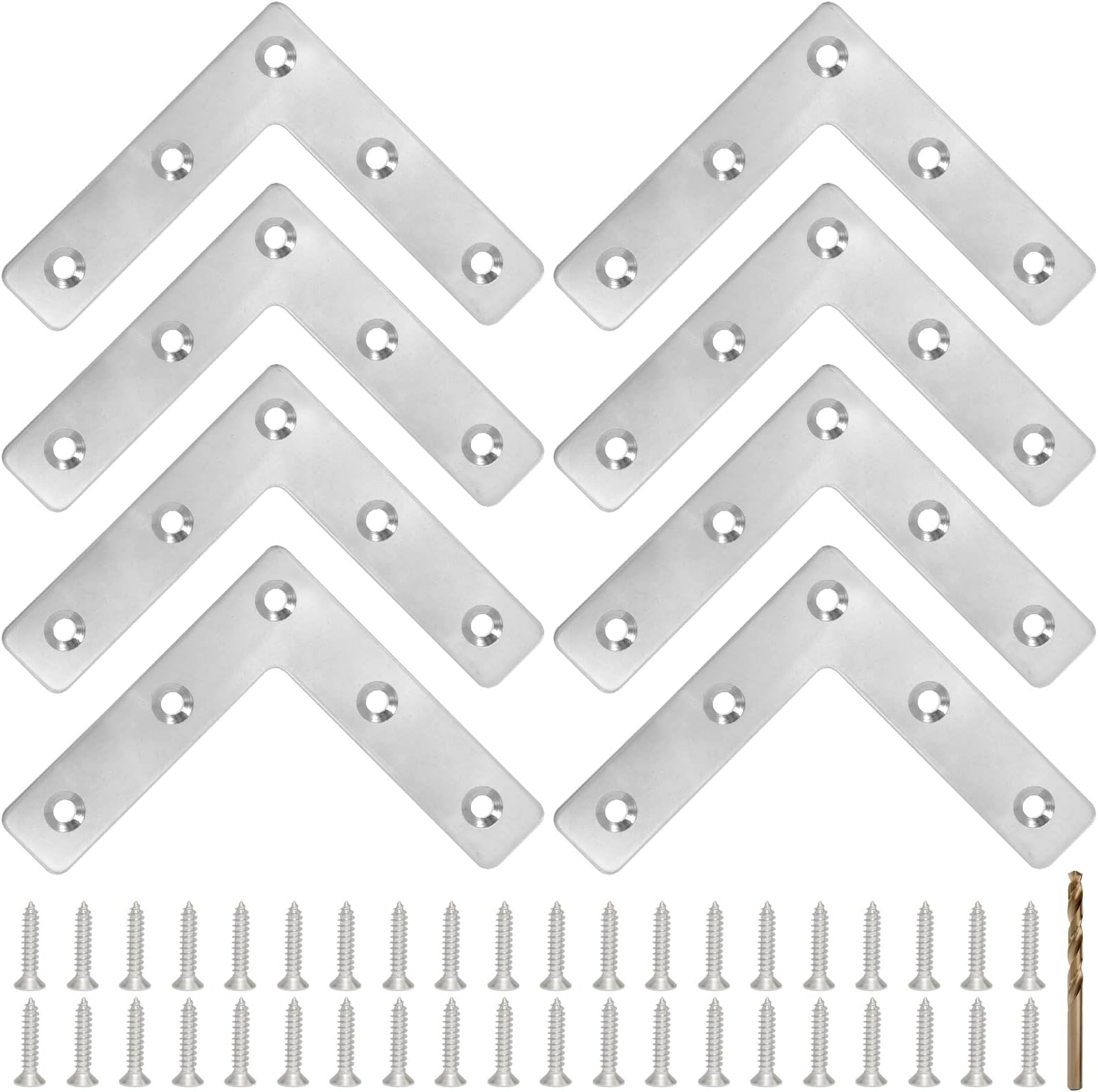 8PCS 3.23” x 3.23” L Shape Flat Metal Frame Bracket, 90 Degree Right Angle Corner Brace, Stainless Steel Mending Plate for Wood with 40PCS Screws