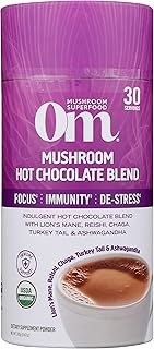 Om Mushroom Superfood Hot Chocolate Blend Mushroom Powder, Dutch Cocoa, 2g of Sugar, 25 Calories, Lion's Mane, Reishi, Chaga, Turkey Tail, Focus and Stress Support, 240g, 8.47 Oz