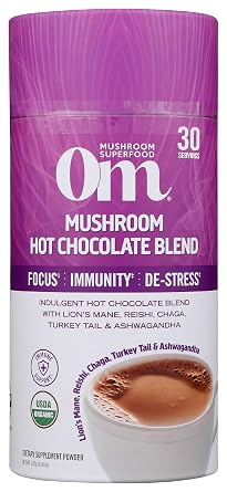 Om Mushroom Superfood Hot Chocolate Blend Mushroom Powder, Dutch Cocoa, 2g of Sugar, 25 Calories, Lions Mane, Reishi, Chaga, Turkey Tail, Focus and Stress Support, 240g, 8.47 Oz