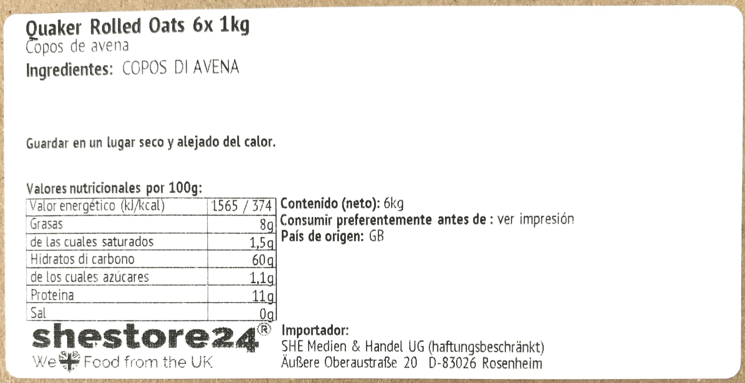 Rolled Oat Copos de avena 6x 1kg - importado de Shestore24
