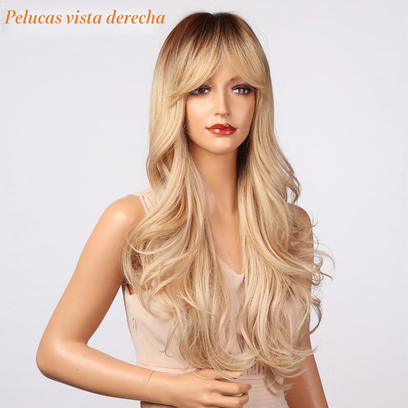 Peluca Rubia con Flequillo Cortina - Peluca Larga Ondulada para Mujeres, Cabello Sintético Resistente al Calor con Raíces Oscuras