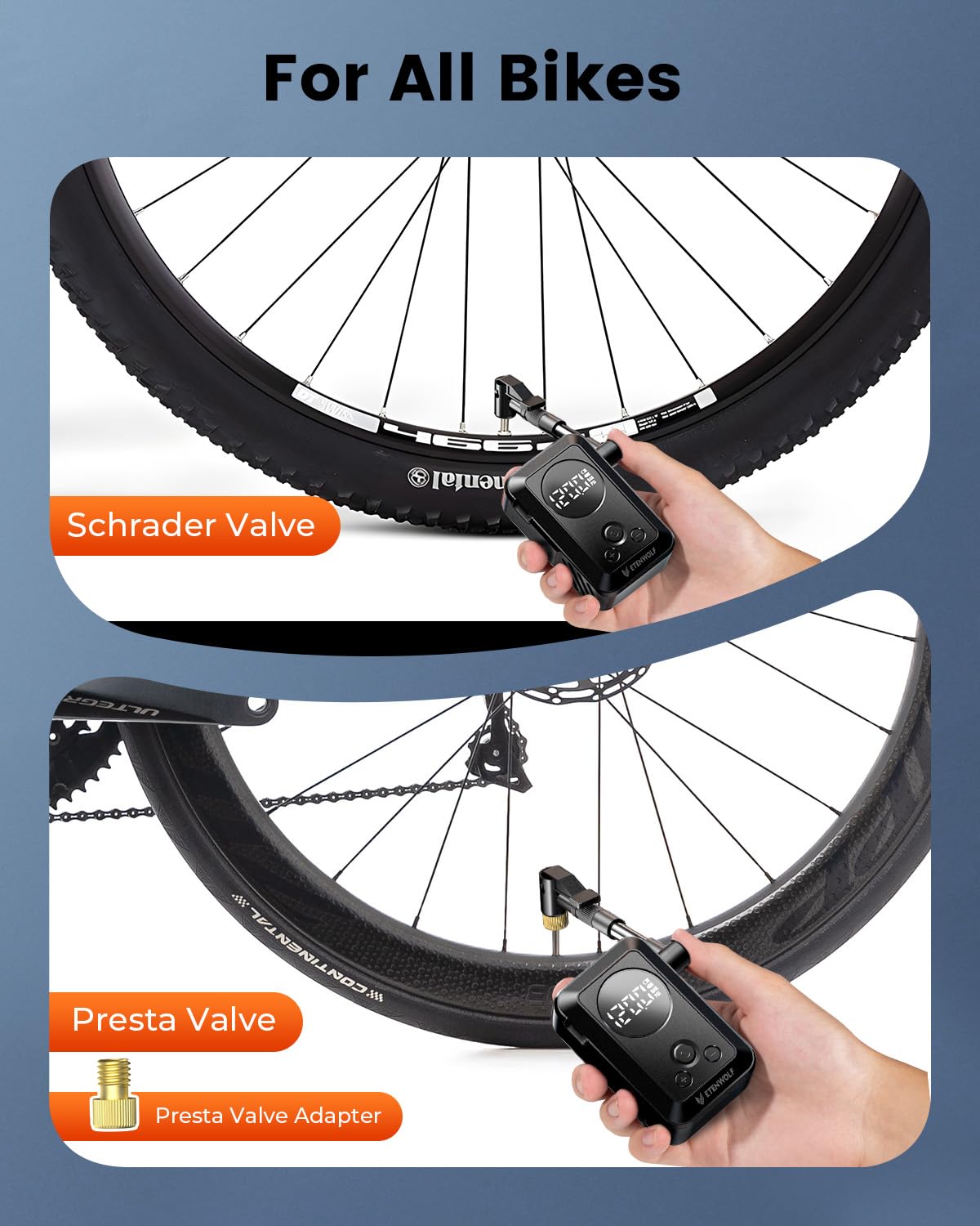 ETENWOLF Mini Electric Bike Pump, 10.34 BAR Portable Bicycle Air Pump with Presta and Schrader Valve for Mountain Bike,Road Bike,Motorcycle,Sport Ball, Fast Inflate & Auto Stop Bicycle Pump with Gauge - 3