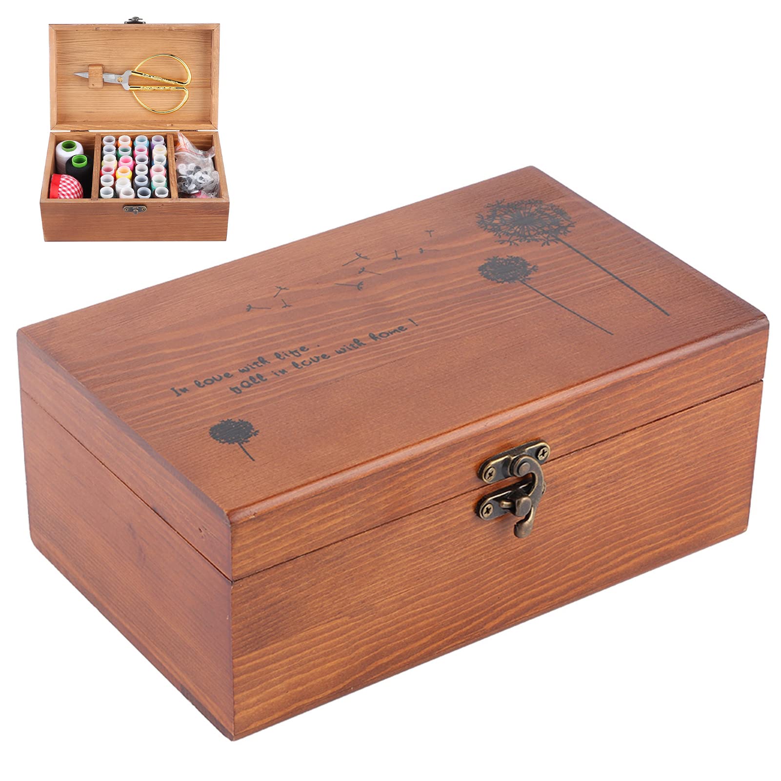 Ejoyous Nähkästchen aus Kiefernholz Im Vintage-Stil für den Haushalt, Fadenkasten aus Kiefernholz mit Taraxacum-Mustermalerei und Seidendruck, Nadelaufbewahrung, Organizer für Heim-Desktop-DIY-Nähen