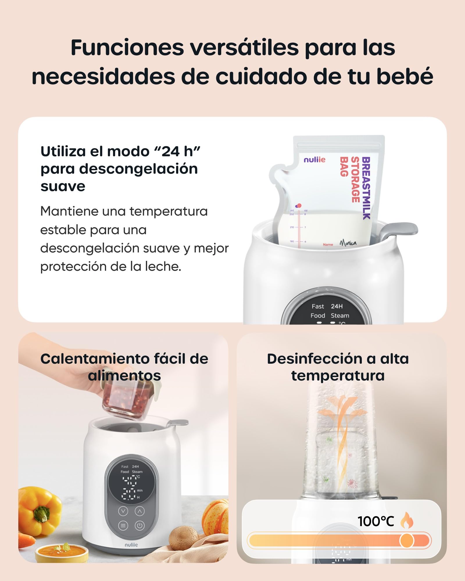 Calienta Biberones, Nuliie Calienta Biberones Eléctrico 10 en 1 para Leche Materna o Fórmula con Temporizador Digital Pantalla LCD Control de Temperatura Inteligente y Apagado Automático, 220V