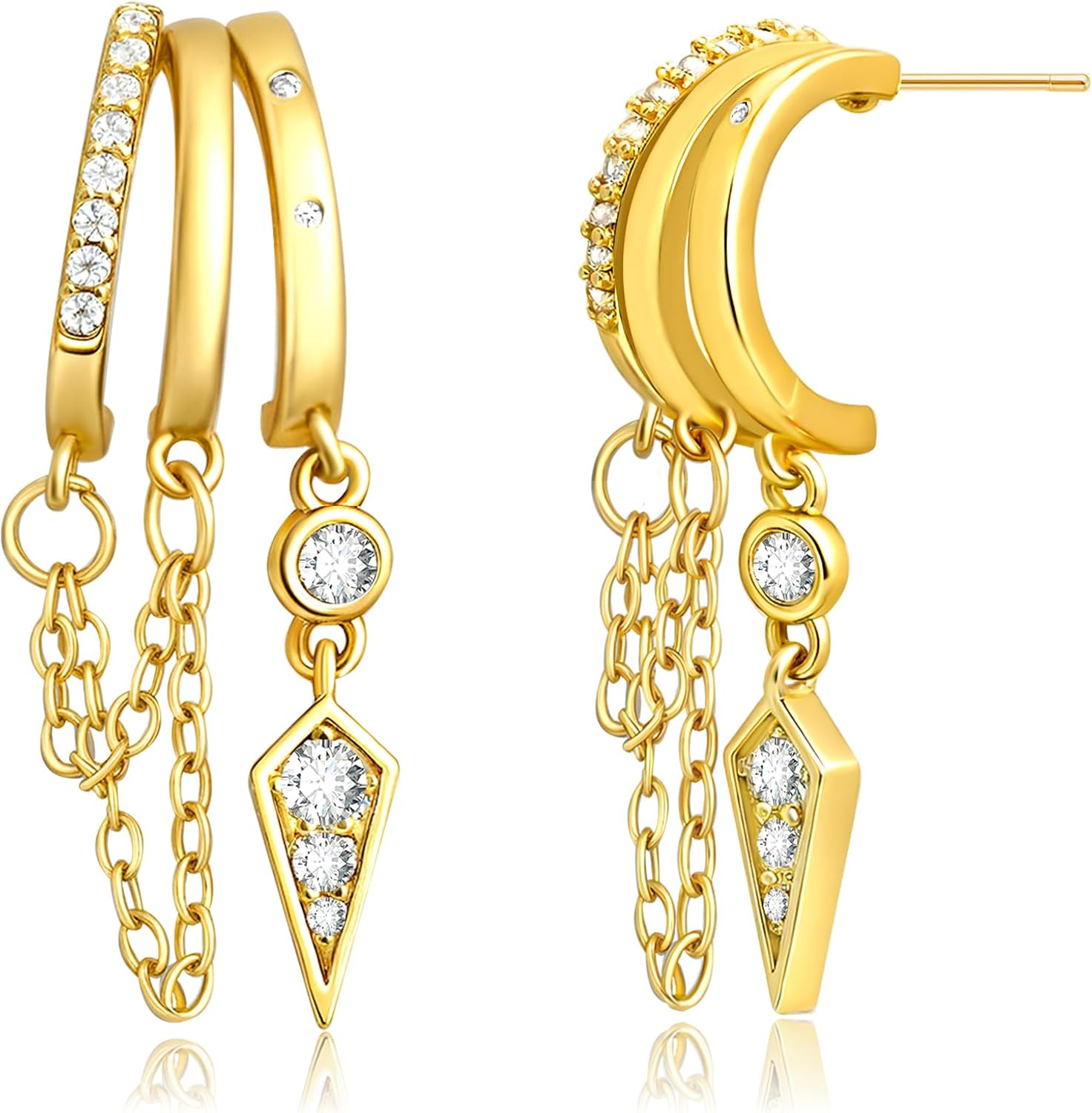 Gold Goth Earrings for Women Dainty Triple Huggie Chain Earrings Cute Small CZ Gothic Drop Dangle Earring Jewelry