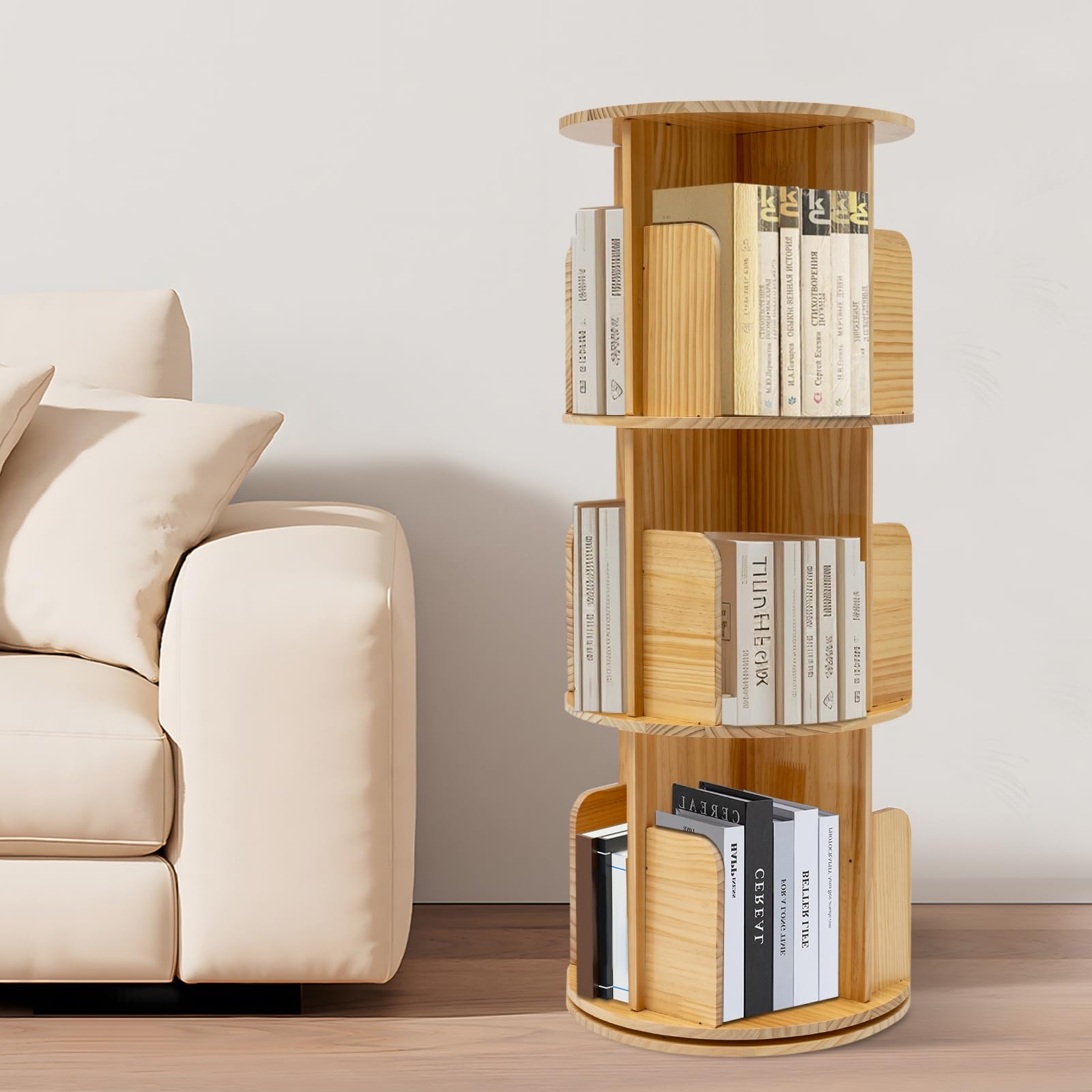 Estantería giratoria de madera de 3 niveles, 360 grados, estantería de oficina de madera de pino, armario de almacenamiento para estudio, oficina, biblioteca, sala de lectura, 45 x 98 cm
