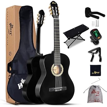 Winzz Classical Guitar for 4/4 Adults, Classical Guitar Beginner Set for Children from 11+ Years - Glossy Black (39 Inches)