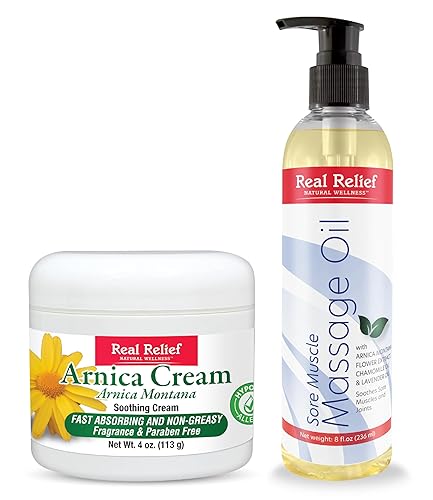 Conjunto combinado de árnica (crema de 4 oz + aceite de masaje de 8 onzas)