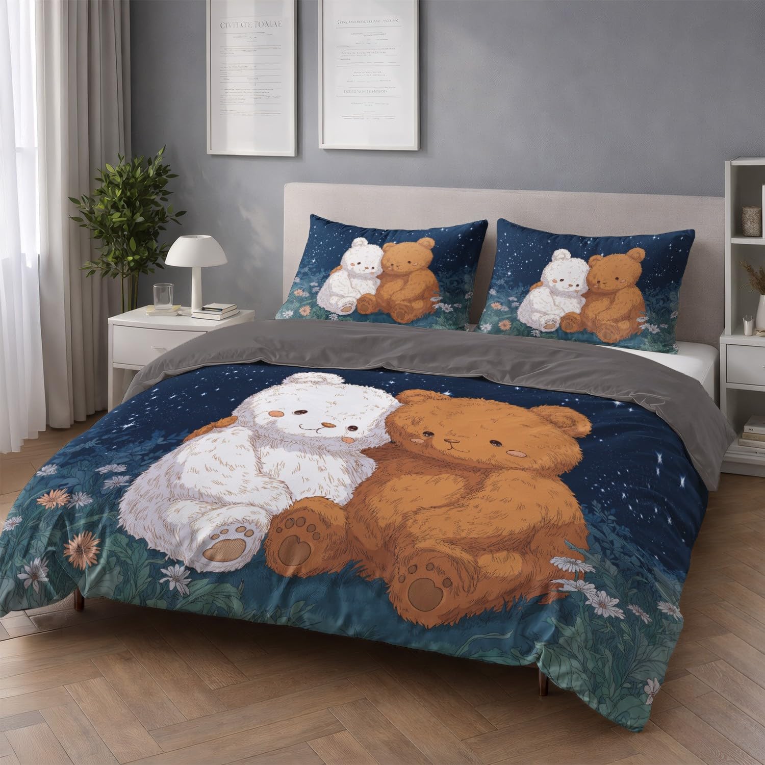 Poszwa na kołdrę 180 x 220 cm dziecięca anime - zestaw pościeli z miękkiej mikrofibry biały brązowy uroczy miś odwracalne kwiaty, dla nastolatków z zamkiem błyskawicznym 2 poszewki na poduszki 65x65