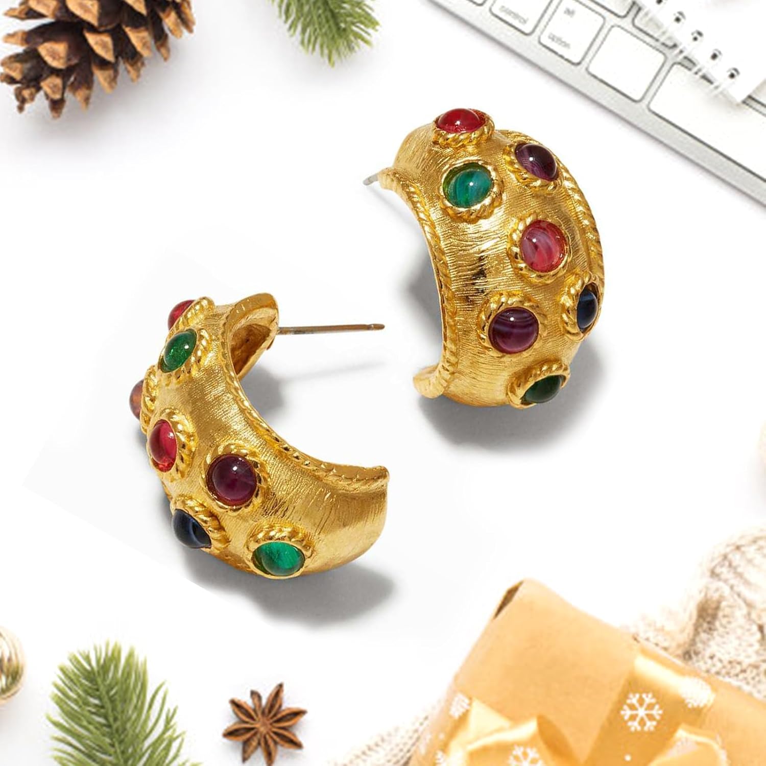 Flower Shape Stud Earrings, Resin Earrings, Gold Plated Cubic Zirconia Earrings for Women, Stainless Steel Stud Earrings, Chunky Gold Stud Earrings Colorful Earrings Vintage Jewelry - Image 3