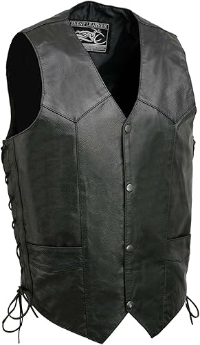 Event Leather EL1315 Chaleco de cuero negro para motocicleta para hombres con encaje lateral, chalecos de motocicleta para adultos