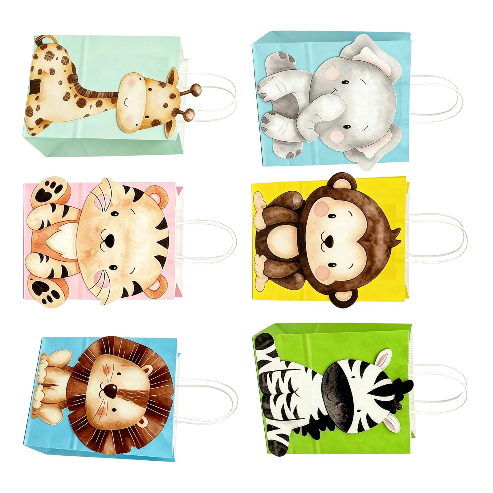 Kalttoy Multicolor Of 6 Jungle Animal Themed Party Gift Bags For Kids Birthday Celebration Goodie Bags With Handle Kids Party Supplies