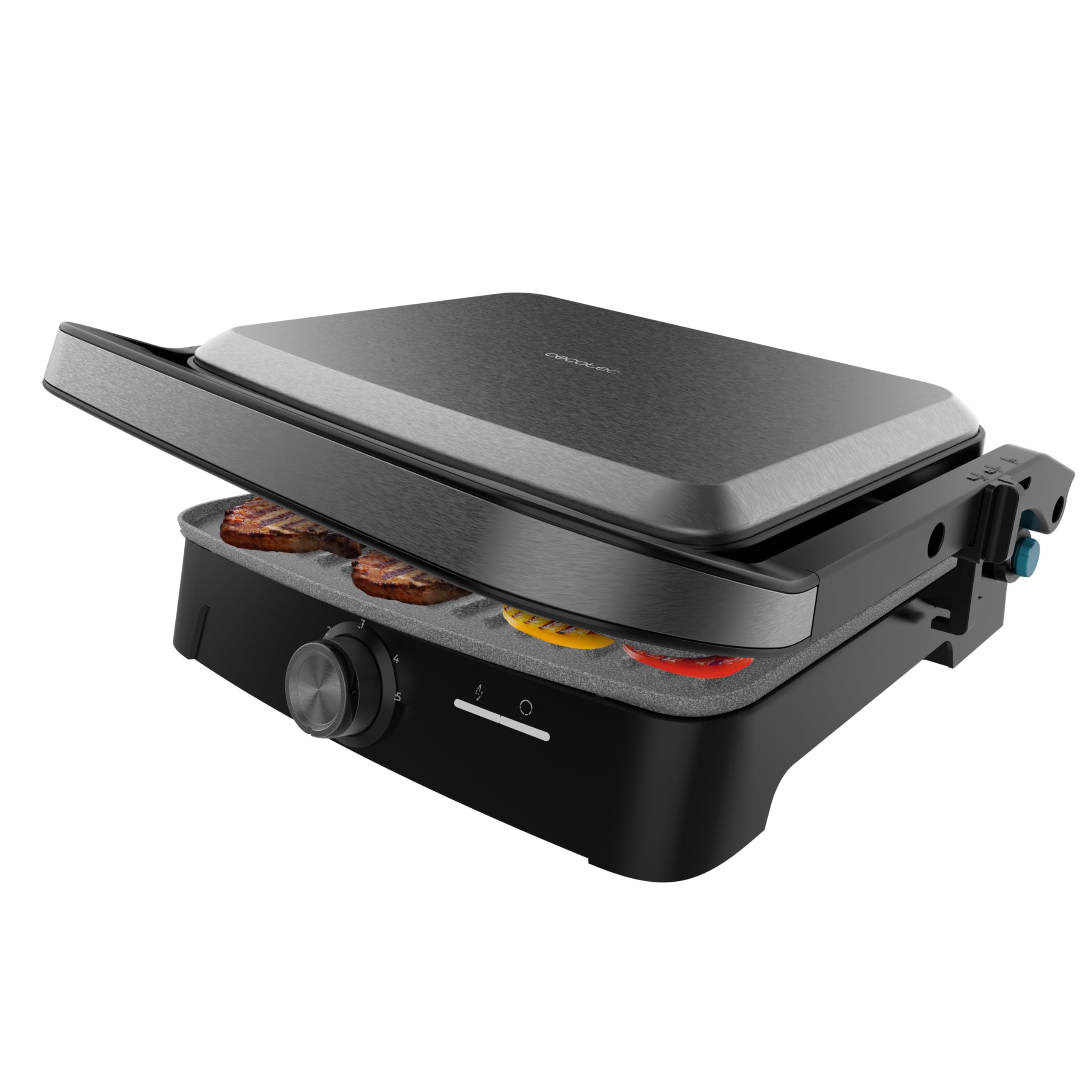 Cecotec Parrilla Eléctrica con Grill Rock'nGrill 2000 Full Open. 2000W, Apertura 180º, RockStone Antiadherente, Placa Flotante, Recogegrasas, Almacenamiento Vertical, Temperatura Regulable, 279x229mm