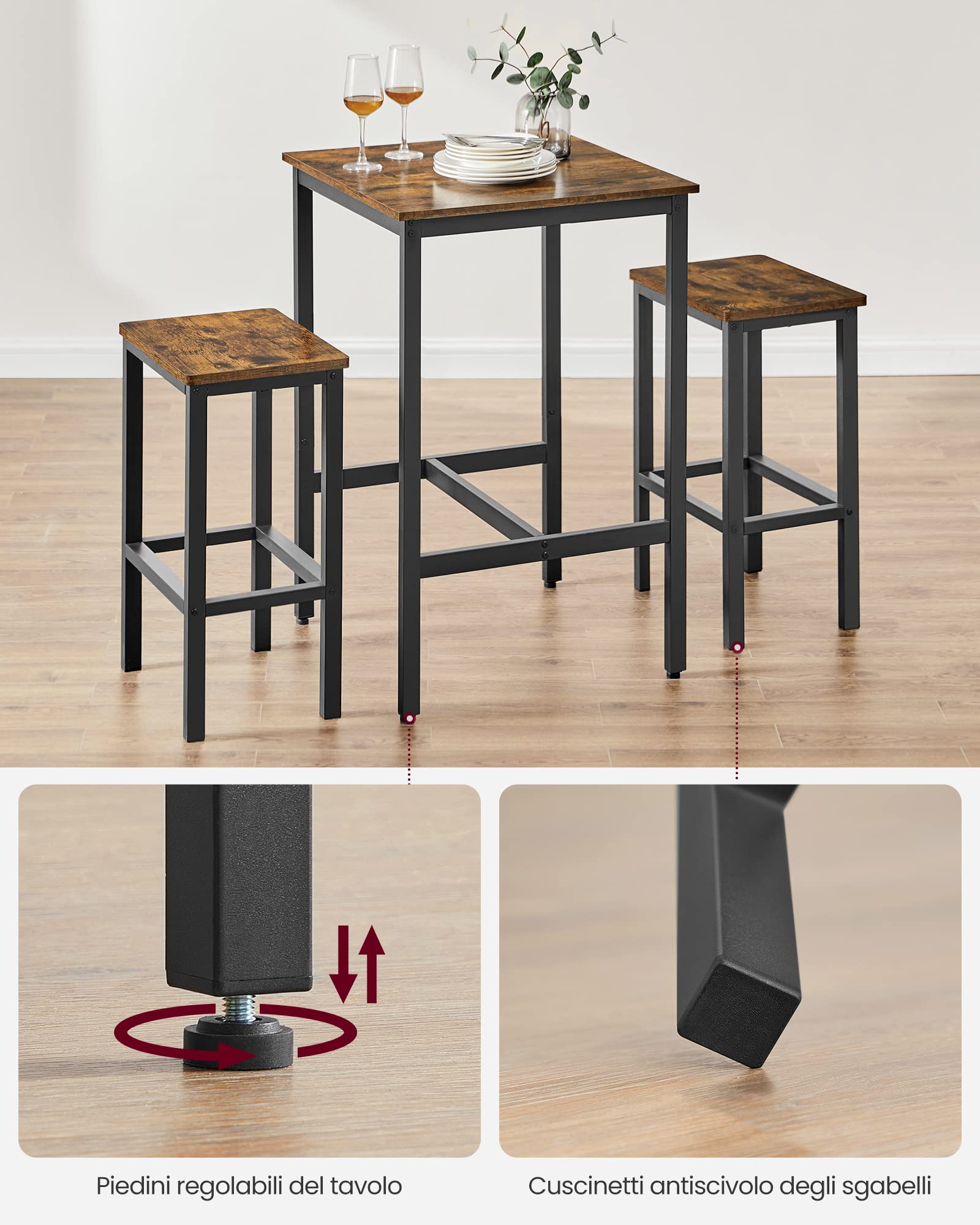VASAGLE Tavolo Bar con 2 Sgabelli, Cucina Piccolo 60 x 60 x 90 cm, Ogni Sedia di 30 x 40 x 65 cm, Sala da Pranzo, Industriale, Marrone Vintage e Nero LBT017B01