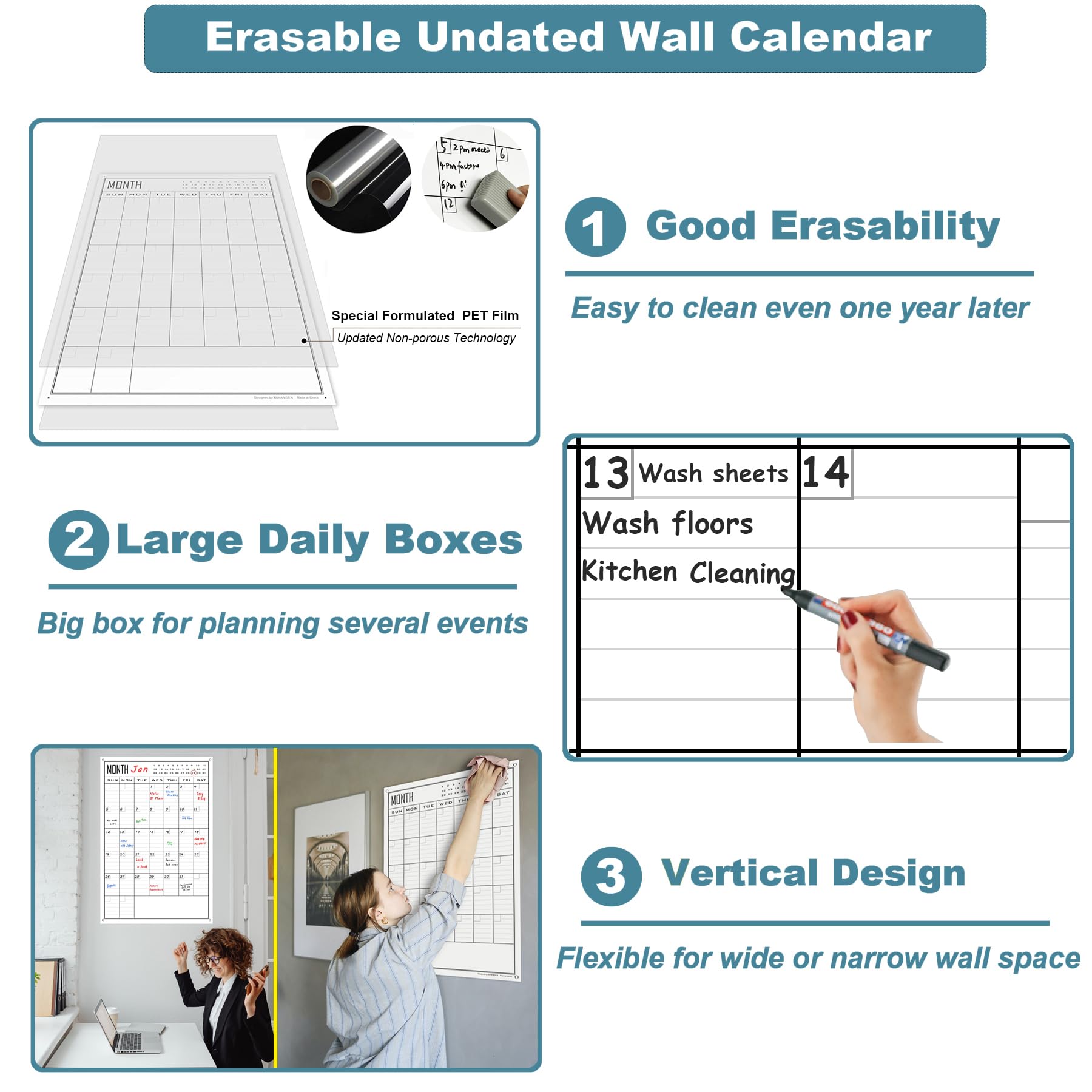 Large Dry Erase Calendar For Wall Monthly,24x36 Inch Big Vertical Blank White Board Calendar Fit to Narrow Wall,Giant Laminated Erasable 30 Day Schedule Planner Poster for Family,Office,Classroom - Image 4