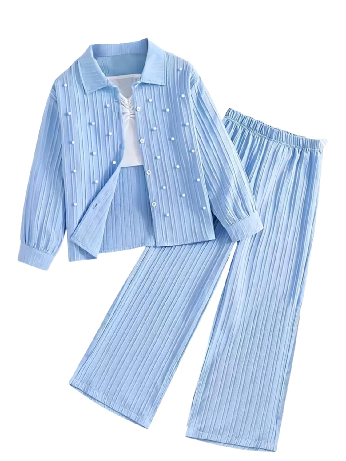 URBAN OX Girls 3 Piece Co Ord Set Outfit Top Long Sleeve Shirt & Straight Pants | Casual Coordinated Outfit for Girls | Stylish Kids Clothing Set