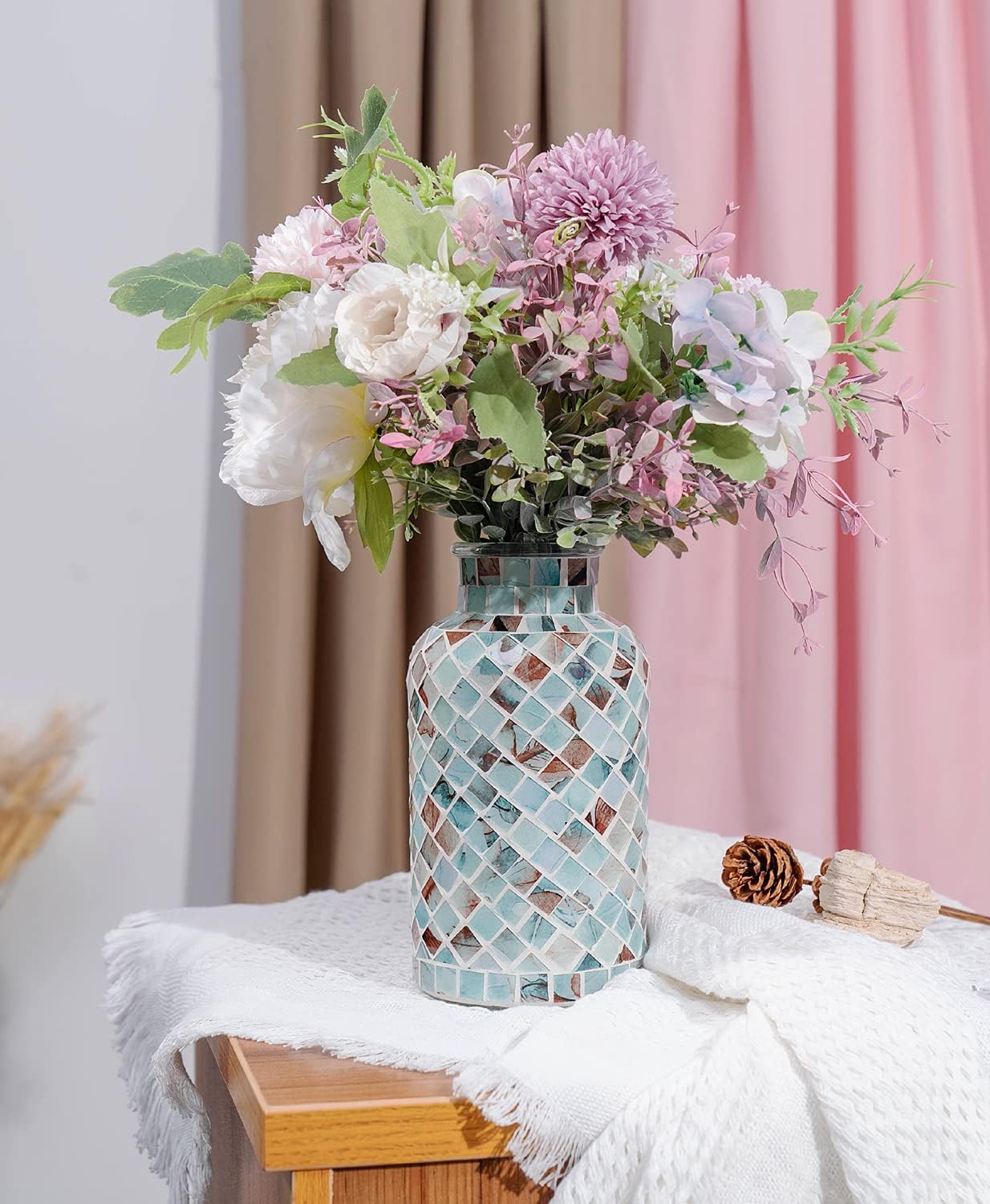 Classic Mosaic Flower Vase for Home Decor, 8”(H) Glass Handmade Table Centerpiece Container for Office, Living Room Kitchen, Wedding. (Summer Road)
