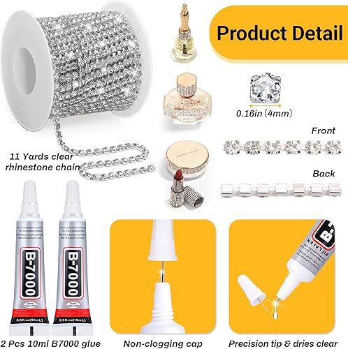 Miniatura 10 de B7000 - Borde de cadena de cierre de diamantes de imitación de cristal, 8 yardas 0.079 in plateado con cuentas AB tiras de diamantes de imitación