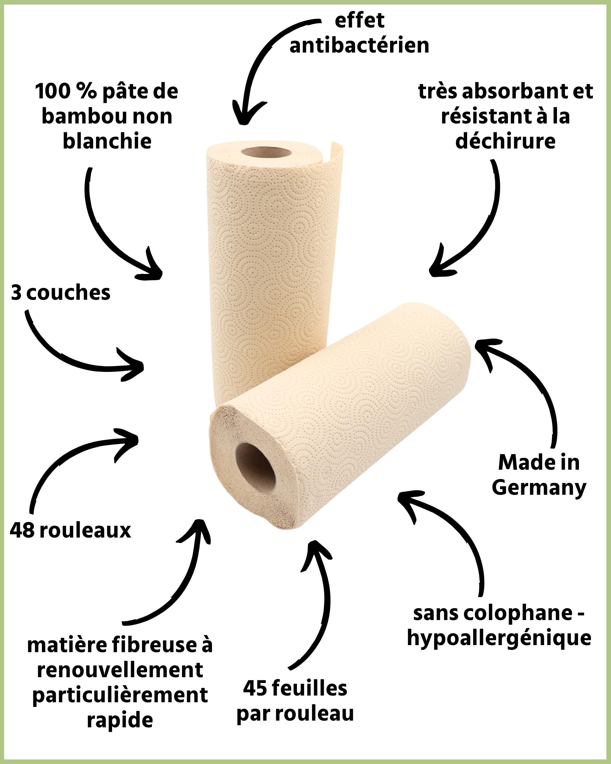 œcolife Lot de 48 Rouleaux d'Essuie-Tout en Bambou - 45 Feuilles par Rouleau - 3 Couches - Cellulose Écologique Non Blanchi aux Propriétés Antibactériennes