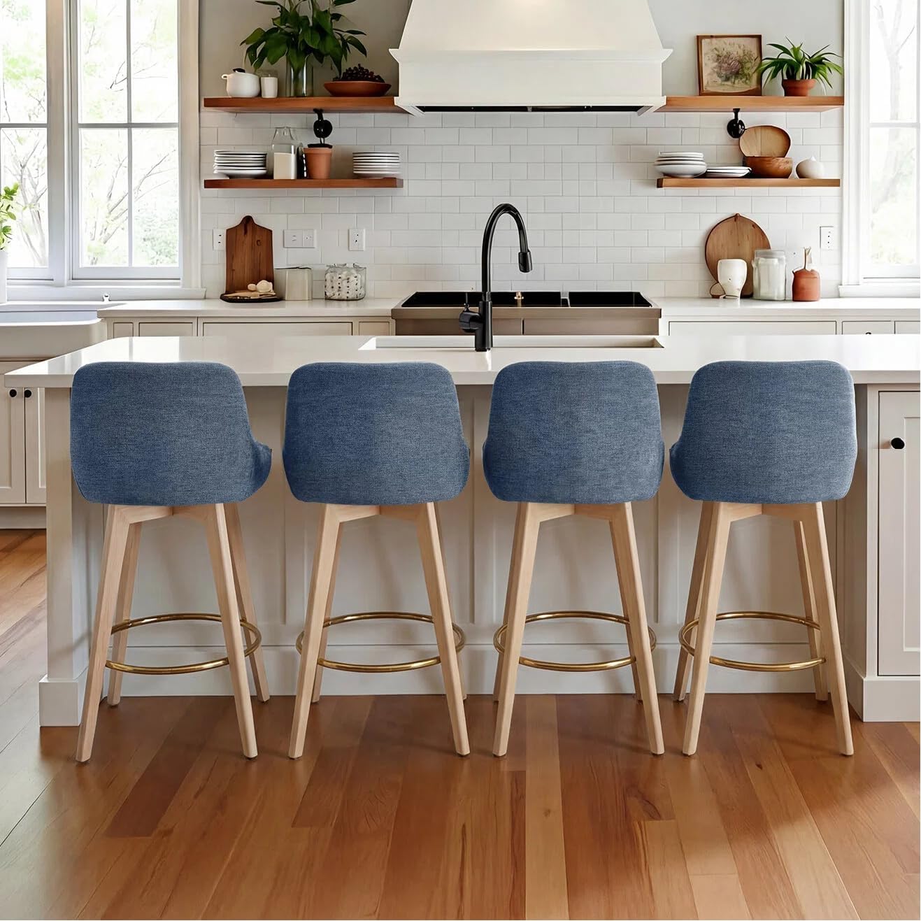 Zesthouse Swivel Bar Stools Counter Height Set of 4, 26" Wooden Barstools with Back & Solid Wood Legs, Upholstered Linen Fabric Bar Stools for Kitchen Island, Modern Coastal Blue Counter Height Chairs