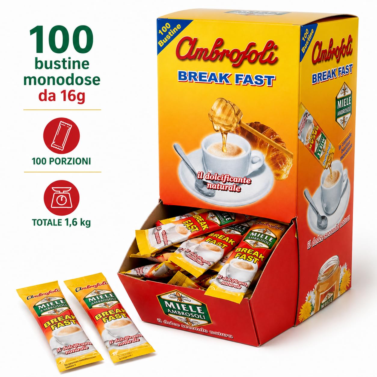 Ambrosoli Break Fast Miele in Bustine Monodose 100 x 16g (1,6 kg) – Dolcificante Naturale per Caffè, Tè e Colazione – Formato Espositore
