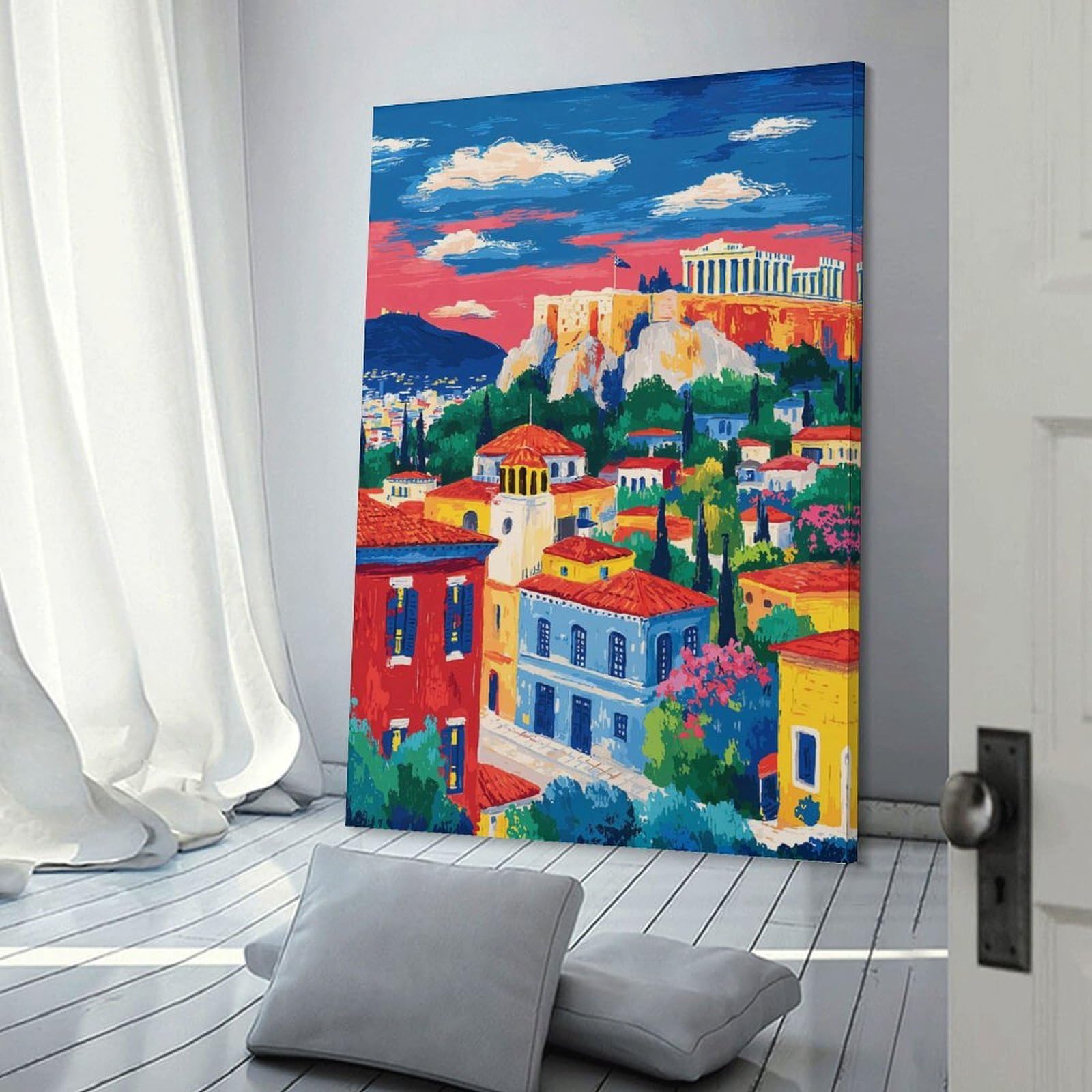 Junmoney Athens Cityscape Painting with Acropolis View Wall Art Print 24x36inch(60x90cm), for Living Room, Bedroom Or Home Office, Thoughtful Wall Decor for Art Lovers