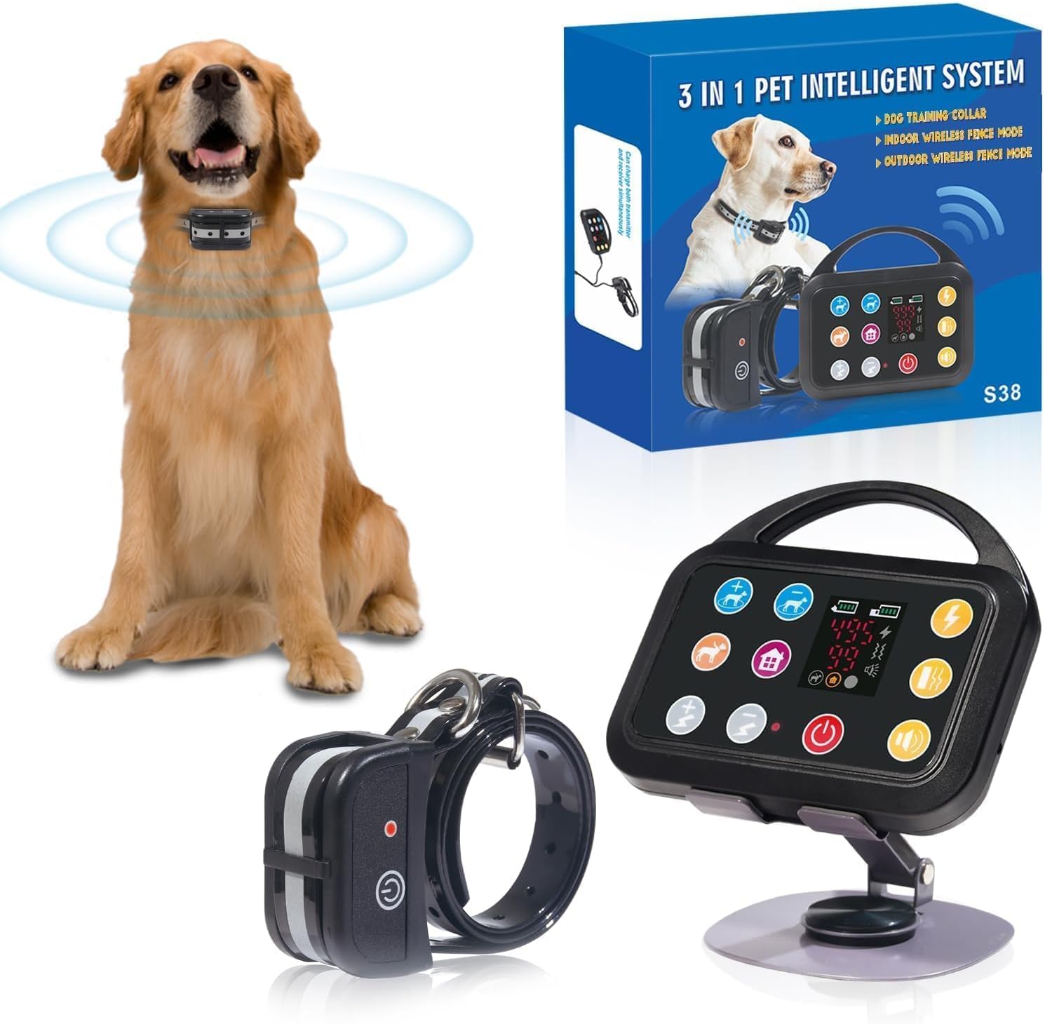 Plkm Dog Wireless Fence Indoor Outdoor Electric Fence Dog Training Collar Pet Intelligent 3 in 1 System, AI Technology Out-of-Range Reminder, Adjustable Range Shock Strength, Rechargeable Waterproof