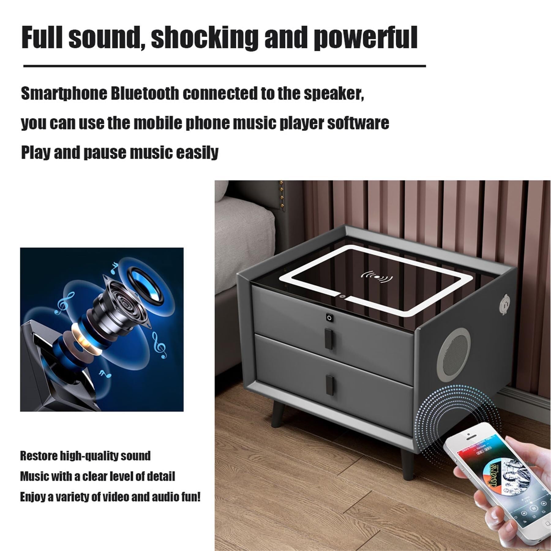 Smart Nightnd z blokadą Finrprint Listwa świetlna LED Głośniki Bluetooth i ładowanie t - Cact Stolik nocny dla Smals 2/3 Ders Nowoczesny design