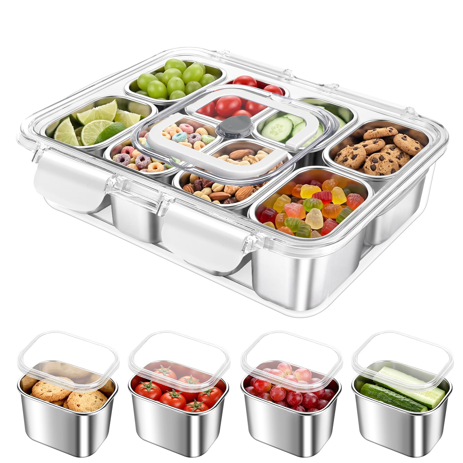 Caja de aperitivos con 8 compartimentos de acero inoxidable, | bandeja de aperitivos con asa y tapa, para diferentes frutas y aperitivos, así como especias para fiestas, pícnics y viajes