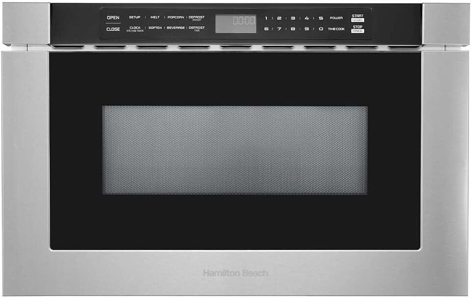 HAMILTON BEACH 23.5 Inch Built-In Drawer Microwave Oven, 1.1 Cu. Ft., Touchscreen Control, Stainless Steel, Flat-Bed Design, Electric Drawer Open