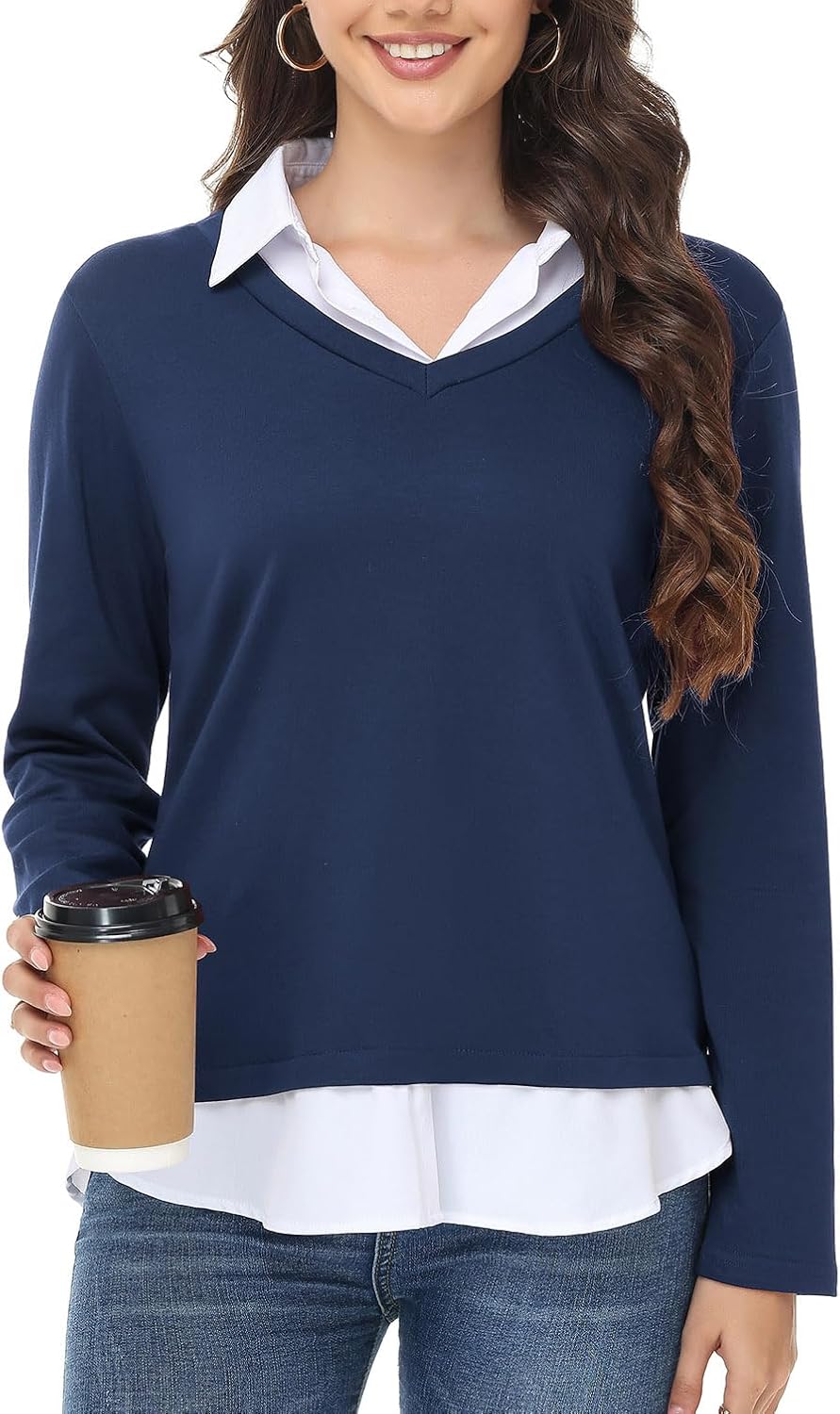 Womens Sweaters Fall Fashion 2025 V Neck Long Sleeve Collared Shirts Office Business Lightweight 2 in 1 Tops