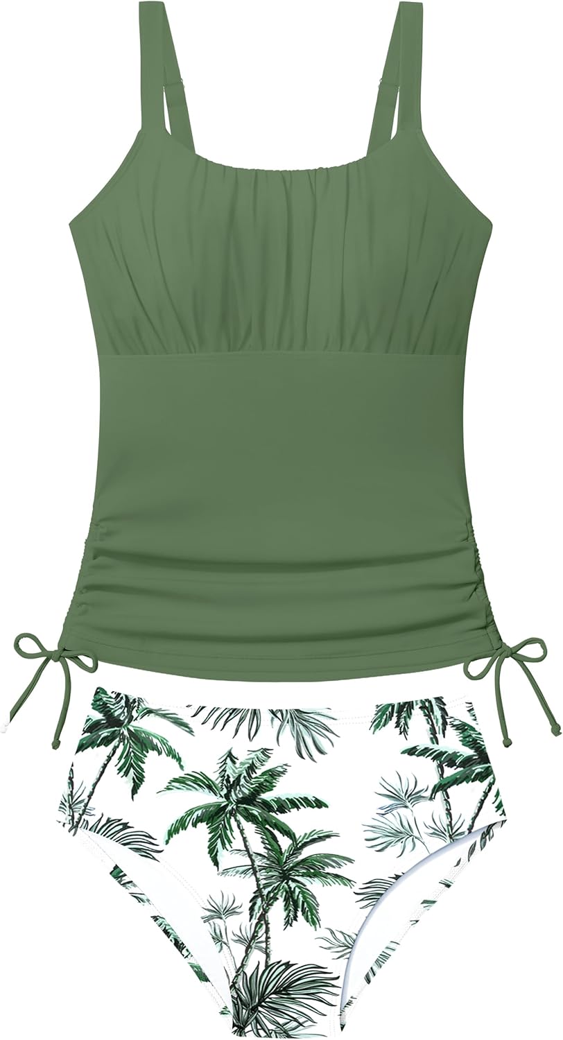 DONWEN Girls Tankini Swimsuit 2 Piece Bathing Suits for Girls Drawstring Tank Top and Leaf-Print Bottoms for 9-16Y