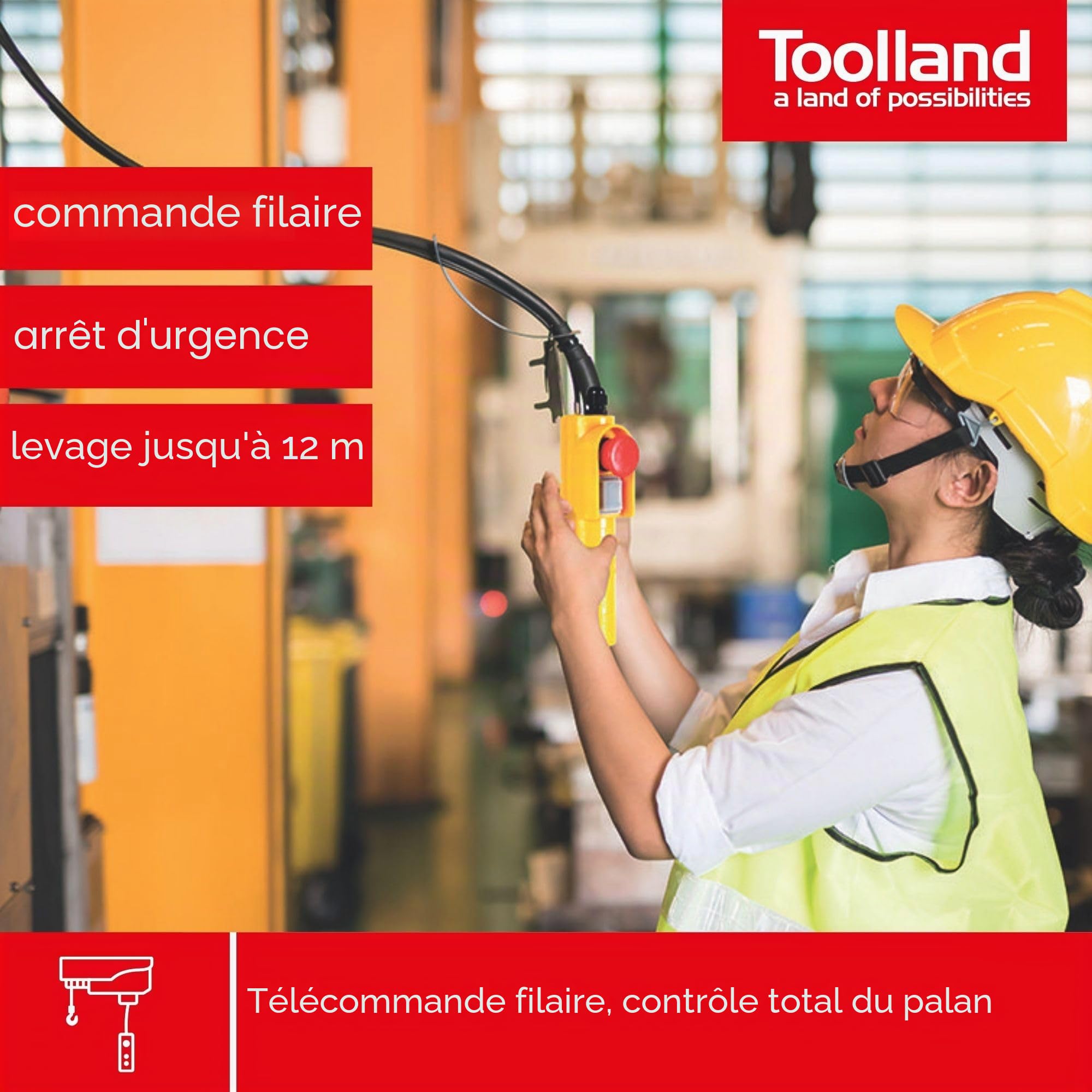 Toolland Télécommande treuil électrique 230V, Commande Filaire treuil avec câble de 1,5m et Bouton d'arrêt d'urgence, pour treuils électriques, grues pivotantes et treuils Mobiles, Hauteur de Levage