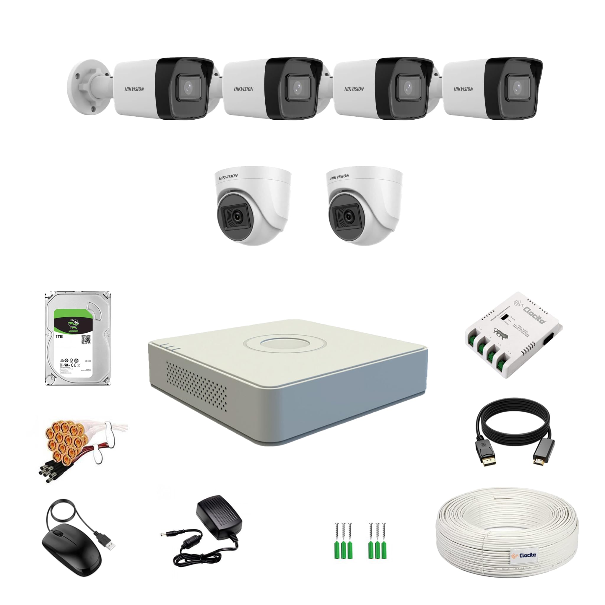 HIKVISION 2MP 1080P 8 Channel DVR, 2MP 2 Dome & 4 Bullet Cameras